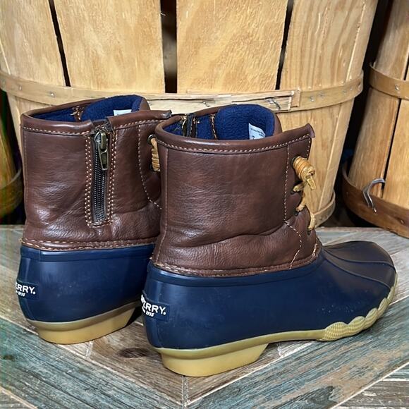 Sperry Saltwater Navy Brown Leather Rubber Waterproof Duck Boots Girls Size 5 - Picture 5 of 12